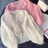 女性のセーター韓国ファッションランタンスリーブソフトモヘアOネックセーター女性秋と春のプルオーバーロングニットトップグリ