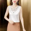 Women's Blouses 2023 Korean Fashion Sleeveless Satin Shirt Patchwork Embroidery Blouse V Neck Women Lace Blusa