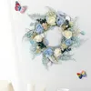 Decorative Flowers Winter 3D Simulation Champagne Blue Rose Flower Wreath With Frosted Leaves Berries For Front Door Wedding Hanging Garland