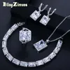 Necklace Earrings Set & BeaQueen Square Princess Cut Clear Cubic Zircon Stone Wedding Bracelet Ring Women Party Jewelry JS144