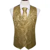 Mens Vests 4PC Silk Party Wedding Gold Paisley Solid Floral Waistcoat Pocket Square Tie Suit Set BarryWang BM 230209