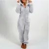 Women's Jumpsuits Rompers Autumn Winter Cute Fleece Plush Warm Hooded Jumpsuit Pajamas Women Long Sleeve Solid Color Loose Casual Sleepwear Homewear 230210