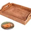 Kitchen Storage Woven Rectangular Basket Handmade Rattan Food Tray Fruit With Handle For Breakfast Drink Snack Severing Plate Set