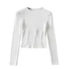 여자 T 셔츠 여성용 자르기 탑 캐주얼 니트 바디콘 기본 풀 소매 O-Neck 2023 스프링 셔츠