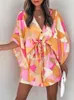 Vestidos informales Casual Boho Beach Vacation Mini vestido de mujer de verano con estampado de encaje con botones vestidos de manga de murciélago para mujer bata femenina suelta T230210