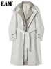 Trench da donna EAM Donna Grigio Colorblock Taglie forti Risvolto Manica lunga Giacca a vento ampia Moda Primavera Autunno 1DE6476 230209