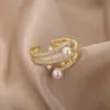 Solitaire Ring New in Zircon Imitation Pearls s For Women Stainless Steel Adjustable Opening Aesthetic Wedding Christmas Jewelry Gift Y2302