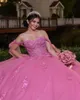 Elegant Pink Tulle Quinceanera Dresses 2023 Off Shoulder Short Sleeves Lace Applique Prom Gowns Vestido De 15 Anos Sweep Train