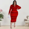 Robes de grande taille KEXU vague rayure robe élégante printemps à manches longues sac de hanche OL serré Stretch mi-mollet femmes vêtements