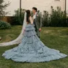 Lindo vestido de casamento azul empoeirado vestido de noiva tule em camadas ruched plissados varredura trem uma linha praia país feito sob encomenda plus size vestido de novia