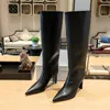 Bottes noires à talons hauts et plus fins, automne-hiver, sexy, bout pointu, talon épais, chevalier, genou pour femme, 2023