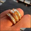 Cluster Rings Shining Zircon Square Cut Crystal Wedding Ring Set For Women Men Champagne Fashion Stackable Slive Gold Engagement Jew Dhxns