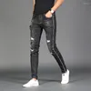 Men's Jeans Stretch Men Black Ripped Side Stripe Straight Slim Fit Pants Fashion Streetwear Rough Selvedge Denim Trousers