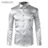 Casual shirts voor heren zijden shirt mannen satijnen gladde mannen massief smoking shirt zakelijk chemise homme casual slanke fit glanzende gouden bruiloft shirts 230209