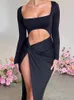 Casual jurken Sexy Hollow Out High Split Maxi Dress for Women Robe 2023 Autumn Full Sleeve Ruched Club Party Long Vestido