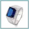 With Side Stones Blue Corundum Sapphire Open Rings Sier Plated Platinum Tanzanite Live Mens Ring Fashion Classic Domineering Luxury Dhqcy