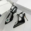 Sandals High heel sandals 10cm slim green rhinestone satin quality pointed thin heel 8cm Baotou sandals