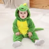 Rompers 5t född baby grön dinosaurie pyjamas romper pojke flicka spädbarn kläder vinter varm djur kostym dräkt huva overaller jumpsuit 230209