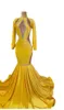 2023 Yellow gold Prom Dresses For Black Girls African Party Dress Long Sleeve Special Occasion evening Gown Mermaid robe de femme GW0210