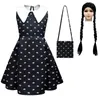 Girls Dresses Fashion Kids Movie Wednesday Addams Cosplay Princess Dress and Wig Bag Set Girl Halloween Costume Carnival Gothic Black Clothes 230210