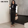 Calça Feminina de Duas Peças CMYAYA Agasalho de Treino Estilo Beisebol Blazer com Decote Dentado Combinando 2 Conjuntos de Roupas Femininas de Escritório Moletom 230209