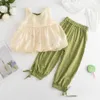 Ensembles enfant en bas âge ensemble de vêtements été creux bretelles gilet vert hauts pantalons tenues enfants filles vêtements enfants costumes décontractés