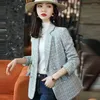 Ternos femininos Jaqueta feminina Moda de trespotas duplas Tweed Check Coat Blazer Coat vintage Bolsos de manga comprida feminino Outwear