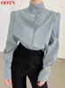 Women's Blouses Shirts OOTN Elegant Turtleneck Blouse Long Sleeve White Shirts Office Tops Women Single-Breasted Puff Sleeve Fashion Woman Blouses 230211