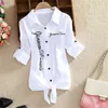 Women's Blouses Shirts Women Shirts White Blouses Kimono Summer Top Women Letter Printed Shirts Sleeve Turn Down Collar Casual Print Cardigan 230211