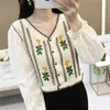 Women's Blouses & Shirts Chic Fashion Floral Embroidery Boho Blouse Crop Top Cotton Line Shirt Women Long Sleeve Spring Autumn Blusa Cropped