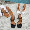 Sandals MONMOIRA Wood Chunky Heel Women's Sandals Summer 2022 Square Toe Narrow Band Black High Heels Pumps Ladies Flip Flops G230211