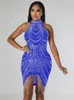 Платья для вечеринок Kricesen Sexy Glitter Crystal Tassel Hem Mini Платье летние женщины с плеча Bodycon Night Clubwear платье 230211