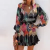 Abiti casual manica lunga scollo a V mini abito sexy Boho camicia da donna floreale corto 2023 moda primavera e autunno all'ingrosso