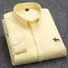 Men's Casual Shirts Quality 100 Cotton Oxford Shirt Long Sleeve Embroidered Horse Without Pocket Solid Yellow Dress Men 5XL 6XL 230211