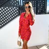 Casual Dresses Plus Size Robe Summer Long Sleeve Floral Print Dress Women Red Office For Short Bodycon Female V-Neck Mini Vestido