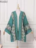 Kvinnors blusar skjortor Zanzea Women Cardigan Summer Open Front Bohemian Floral Printed Blue Kimono Casual Loose Beach Tops Vintage Long Sleeve Blusa 230211