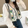 Women's Blouses & Shirts Chic Fashion Floral Embroidery Boho Blouse Crop Top Cotton Line Shirt Women Long Sleeve Spring Autumn Blusa Cropped