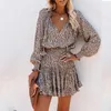 Abiti casual manica lunga scollo a V mini abito sexy Boho camicia da donna floreale corto 2023 moda primavera e autunno all'ingrosso