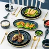 Plates Ceramic Dinner Plate Dishes Lucury Golden Rim Porcelain For Dinnerware Set Salad Noodles Bowl Kitchen Restaurant