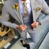 Ternos masculinos Pinstripe Men 3 Peças Royal Grey Casamento Made Casamento Britânico Algodão Algodão de alta qualidade Bonito casaco comercial calça