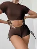 Sunken Stripe Lace Up Conservative Fashion Split Swimsuit Womens Boxer Tight