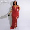 ANJAMANOR Luxe Pailletten Rood Feest Nieuwjaar Jurk Vrouwen Sexy Backless Kwastje Hoge Split Maxi Jurken Avondjurk D35-FI46 T230210