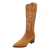 Boots Women Western Cowboy Boots spetsade kvinnor som trycker på mitten av kalvstövlar Vinter chunky hälen kilar Knight Botas Feminina Womnes stövlar 230211