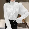 Women's Blouses Shirts Korean Ruffles Stitching Elegant Lace Blouse Woman Stand Collar Button Chiffon Shirt Long Flare Sleeve Fashion Loose Tops 12946 230211