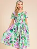 Casual jurken Linda della zomer mode runway katoenen jurk dames korte mouw bloemen bloemen gedrukt gedrapeerd een lijn elegante midi dre