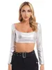 Damen-T-Shirts, sexy Damen Metallic-Langarm-Crop-Top, modisches Soild-Farben-Slim-Fit-T-Shirt mit quadratischem Ausschnitt für Rave-Party-Club-Musik