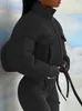 여자 재킷 kliou mesh 격자 무늬 가을 스프링 코트 여성 트렌드 터틀넥 지퍼 포켓 크롭 재킷 솔리드 슬림 드로우 스트링 여성 겉옷 230210