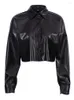 Women's Blouses 2023 Autumn Winter Women Long Sleeve Solid Black Ladies Short Crop Leather Blouse Shirt For Woman Female