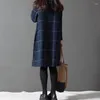 Casual Dresses Women Winter Dress Långärmad bomullslinne Autumn Kne-Length Plaid Shirt Vestidos Robe Mujer