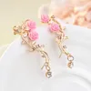 Stud Earrings Fashion Lady Pink Rose Leaf Flower Ear Cuff Earring Women Jewelry Pendientes Princesas Boucle D'oreille Cristal